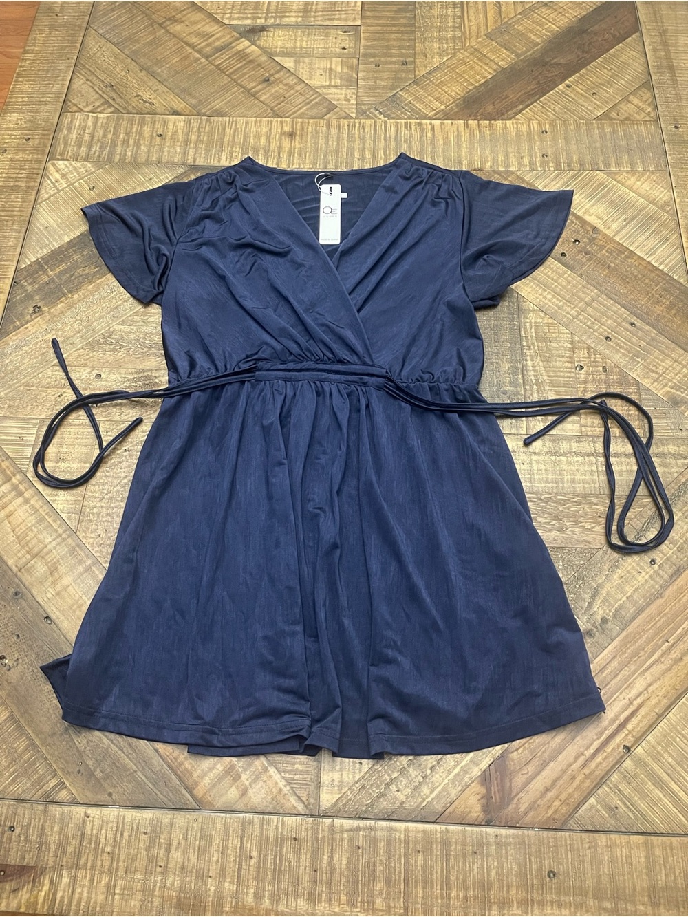 NWT OUGES Navy Blue Faux-Wrap Mini Dress/Tunic